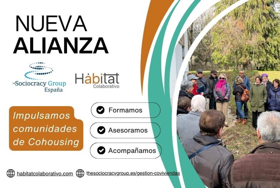 La imagen muestra a un grupo de dieciocho personas de pie formando un semicírculo en un entorno al aire libre con césped y árboles. La parte izquierda de la imagen contiene texto sobre una nueva alianza entre Hábitat Colaborativo y TSG Comunidades.